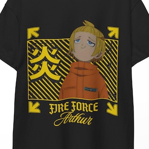 May include: Black t-shirt with a cartoon illustration of a Fire Force character. The design includes a yellow frame with diagonal lines, Japanese characters, and the text "FIRE FORCE Arthur" in yellow.