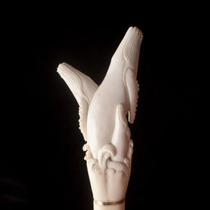 Hand Carved Sambar Deer Antler Cane - Whales with Holly Wood