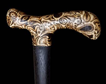 Make to Order - Handmade Wood Burned Paisley Walking Cane in Maple, Ebony, and Ebonized Walnut Wood - Walking Stick, Gift Idea, Wood Art
