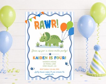 Bearbeitbare Dinosaurier-Geburtstagseinladung, Triceratops-Geburtstagseinladung, 4. Geburtstagsparty, Dino-Geburtstagsfeier für Kinder, Digitaler Download