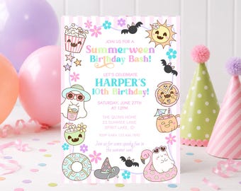 Summerween Birthday Invitation, Spooky Pool Party Bash, Kids Ghosts (Digital Download)