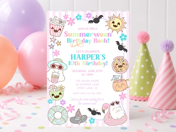Summerween Birthday Invitation, Spooky Pool Party Bash, Kids Ghosts (Digital Download)