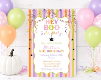 Hey Boo Halloween-Geburtstagseinladung, Gruselig-süße Einladung für das Geburtstagskind, Verspielte Halloween-Party-Einladung, Digitaler Download