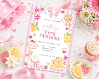 Einladung zum ersten Geburtstag, Mädchenhafte rosa Partyeinladung, Geburtstagsparty für kleine Mädchen (1. Geburtstag), Einladung zum Geburtstag mit Zitronenkuchen, Einladung zur Gartenparty für Mädchen