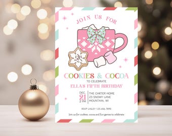 May include: A festive invitation for a fifth birthday party. The design features a pink mug with a snowflake pattern, a cookie, and marshmallows. The text reads "Cookies & Cocoa" and includes party details.