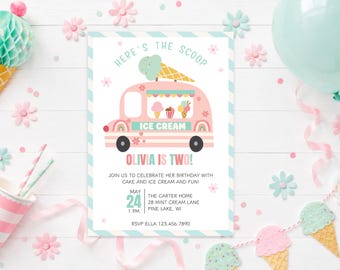 Hier ist die Schaufel Geburtstagseinladung, 1. 2. 3. 4. 5. Geburtstag, bearbeitbare Mädchen Eiswagen Party einladen, jedes Alter Pink Eiscreme Party