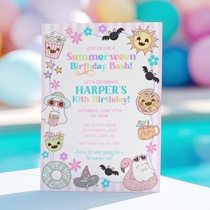 May include: A vibrant invitation for a Summerween Birthday Bash, with cartoon illustrations of a ghost, pizza, and sun. The invitation is for Harper's 10th birthday, with the date and time clearly displayed. The design includes a border of flowers and bats.