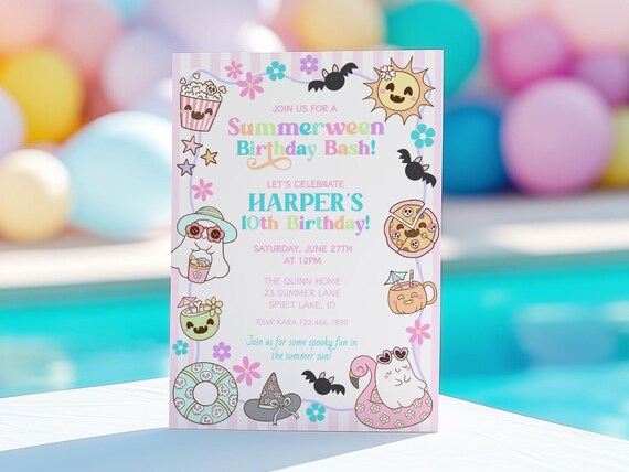 Summer Halloween Birthday Invite, Summerween Pool Party bash Invitation, Kids Spooky Ghosts, Summer Halloween, Birthday Party Invite