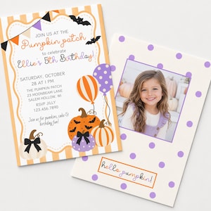 Whimsical Pumpkin Patch Birthday Invitation, Fall Halloween Girl Party Invite, Editable Photo Template, Digital Download