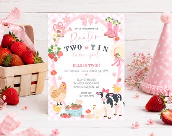 Rootin’ Two-Tin Farm Girl Birthday Invitation, Strawberry Farm Birthday Invite, Pink Cowgirl Farm Party Invite, Editable 2nd Birthday Party