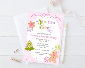 Two Sweet Christmas Birthday Invitation, Pink Birthday Invitation 2 Sweet, Girl Winter Holiday Birthday, Cute Christmas Celebration Kids