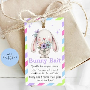 Könnte beinhalten: Ein Geschenk-Anhänger mit einem Cartoon-Hasen, der Blumen hält, dem Text "Bunny Bait" und einer Botschaft über den Osterhasen. Der Anhänger hat einen bunten Rand und ist an einem verpackten Paket mit Bindfaden befestigt.