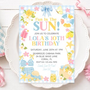 Fun In The Sun Party Invitation, Beach Birthday Invite, Girl Birthday Party, Pool Party Invite, Summer Birthday Party, Lemon Citrus Birthday