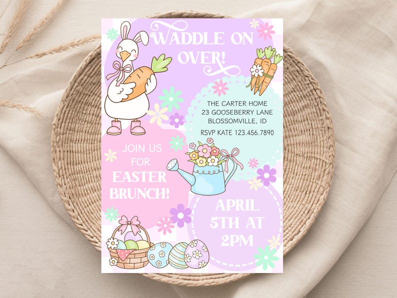 May include: An Easter brunch invitation with a pastel color scheme. The design features a cartoon bunny holding a carrot, a watering can with flowers, and decorated Easter eggs. Text includes "Waddle on Over!" and event details.