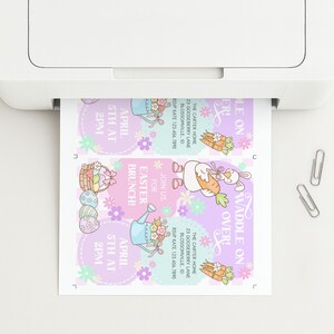 May include: A printer is shown printing Easter brunch invitations. The invitations feature pastel colors, floral and bunny illustrations, and the text "Waddle On Over!" and "Easter Brunch!" The invitations are printed on white paper.