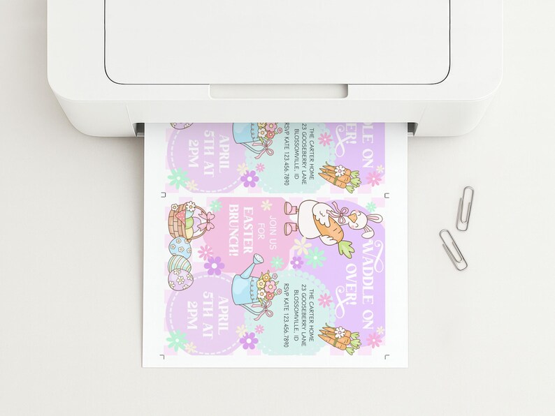 May include: A printer is shown printing Easter brunch invitations. The invitations feature pastel colors, floral and bunny illustrations, and the text "Waddle On Over!" and "Easter Brunch!" The invitations are printed on white paper.