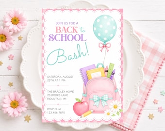 Invito per la festa di ritorno a scuola, invito per la festa di compleanno a scuola, festa del primo giorno di scuola, modello di invito modificabile, festa di fine estate