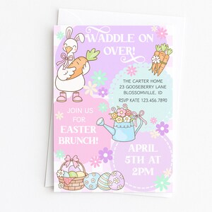 May include: Easter brunch invitation with a cartoon bunny holding a carrot, flowers, and Easter eggs. The invitation is on a white background and has the text "Waddle on Over!" and "Join us for Easter Brunch!" with the date and time.