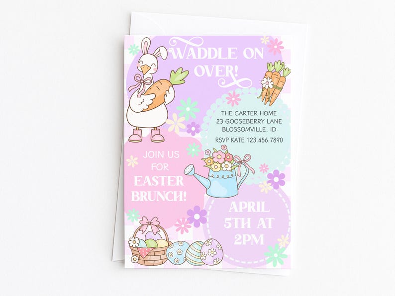 May include: Easter brunch invitation with a cartoon bunny holding a carrot, flowers, and Easter eggs. The invitation is on a white background and has the text "Waddle on Over!" and "Join us for Easter Brunch!" with the date and time.