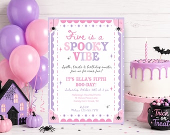 Halloween-Geburtstagseinladung „5 Fünf ist eine gruselige Stimmung“, Mädchen-Partyeinladung mit schaurig-schöner, verspielter Atmosphäre (Digitaler Download)