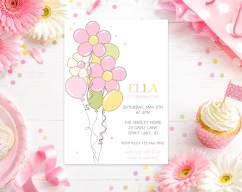 Geburtstagseinladung mit Gänseblümchen-Ballons, pastellfarbene Blumenparty-Einladung (digitaler Download)