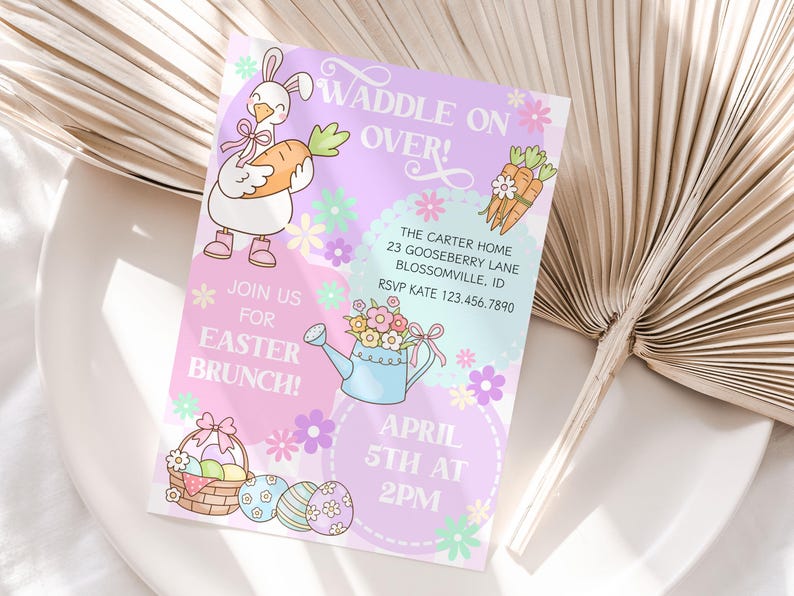May include: An Easter brunch invitation with a pastel color scheme. The design features a cartoon goose holding a carrot, flowers, and Easter eggs. Text includes "Waddle on Over!" and "Join us for Easter Brunch!"