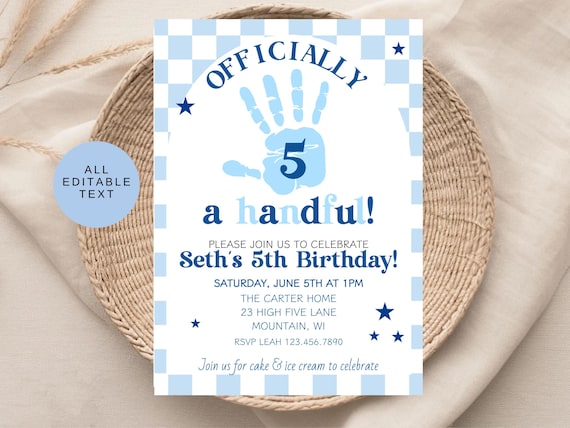 Officially A Handful Birthday Invite, Fifth Birthday Party Invitation, Boys High Five Party, 5th Birthday Invite, Cool 5th Birthday Party