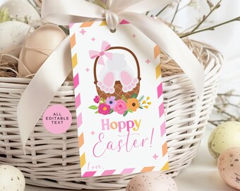 Bearbeitbare Happy Easter-Geschenkanhänger, hoppy Osterhasen- und Korbanhänger, druckbare Osteranhänger, Kinder-Ostern-Leckerli-Tags, Osterpartygeschenkanhänger