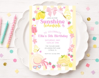 Sunshine Lemonade Birthday Invitation, Strawberry Fruit Party Template (Digital Download)