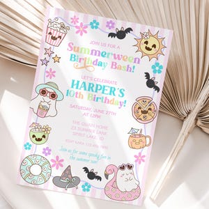 May include: A pastel pink invitation with the text "Summerween Birthday Bash!" and "Harper's 10th Birthday!" surrounded by cartoon illustrations of a ghost, sun, pizza, and other summer and Halloween themed images.
