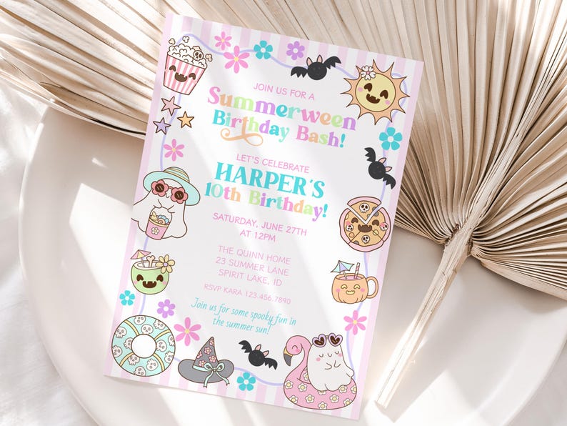 May include: A pastel pink invitation with the text "Summerween Birthday Bash!" and "Harper's 10th Birthday!" surrounded by cartoon illustrations of a ghost, sun, pizza, and other summer and Halloween themed images.