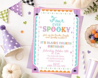 Halloween-Geburtstagskarte für vier Personen: Gruselige Einladung, süße und verspielte Partyeinladung für Mädchen, digitaler Download