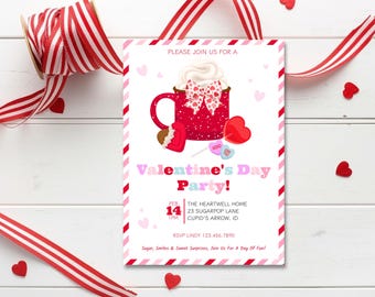 May include: A Valentine's Day party invitation with a red mug illustration, heart-shaped lollipops, and the text "Valentine's Day Party!" The invitation includes date, time, and location details, with red and pink accents.