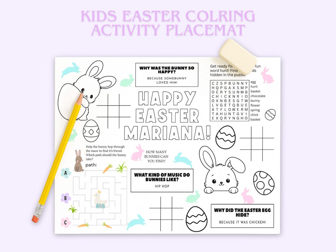 Kids Easter Activity Placemat Printable, Personalized Easter Coloring ...