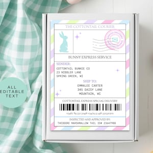 May include: A white box with a pastel-colored label featuring a bunny silhouette and the text "BUNNY EXPRESS SERVICE." The label includes sender and recipient information, a barcode, and the text "ALL EDITABLE TEXT."