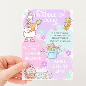 May include: Easter brunch invitation with a cartoon bunny holding a carrot, and the text "Waddle on Over!" in a pastel color scheme. Includes details for the event: date, time, and RSVP information.