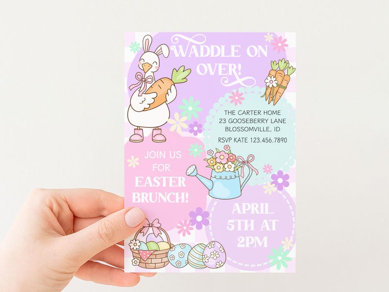 May include: Easter brunch invitation with a cartoon bunny holding a carrot, and the text "Waddle on Over!" in a pastel color scheme. Includes details for the event: date, time, and RSVP information.