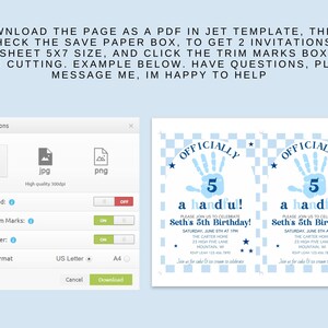 May include: Digital invitation template for a 5th birthday party. The design features a blue handprint with the text "Officially a handful!" and event details. Instructions for downloading and printing are included.