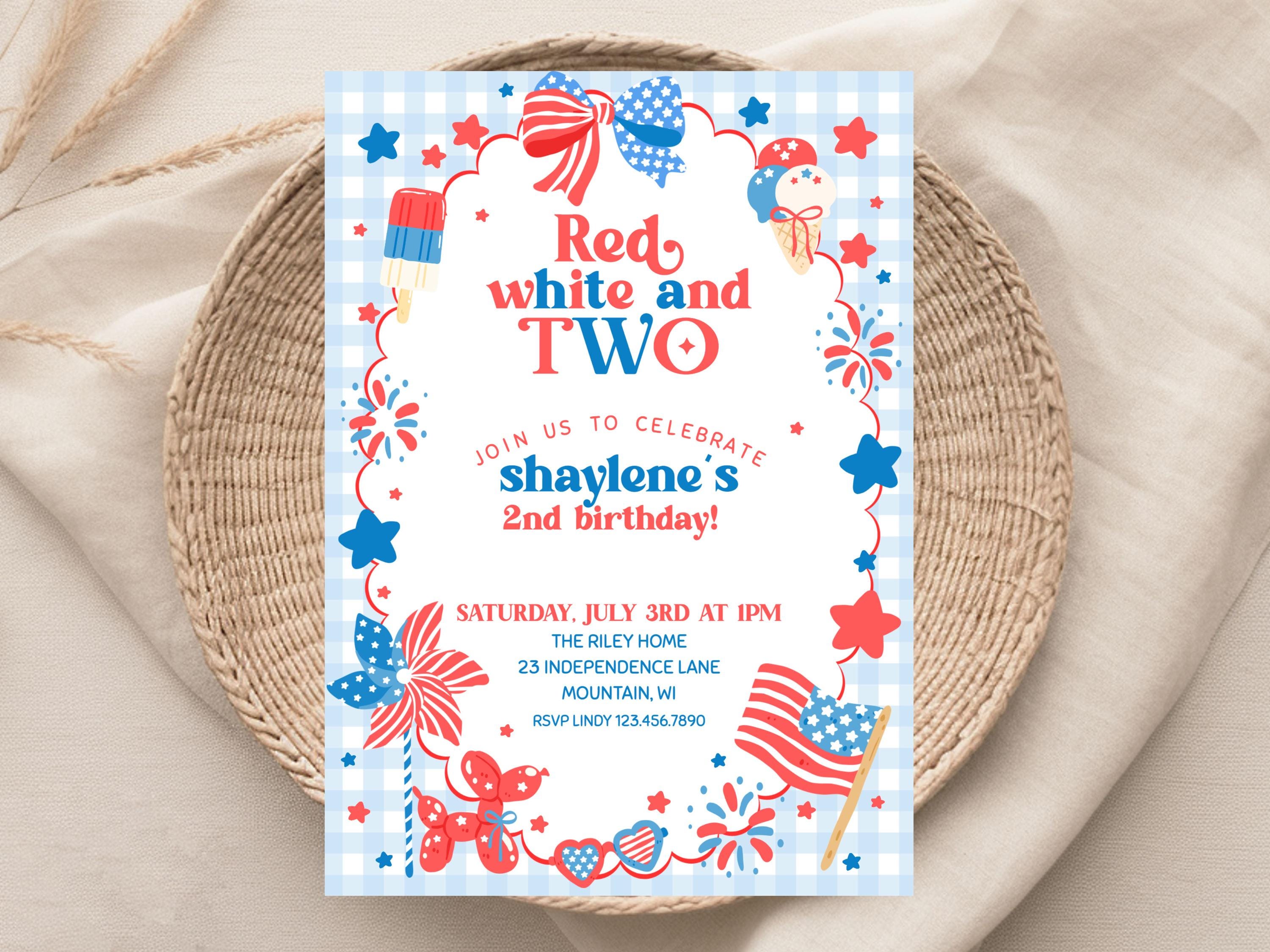 Red White Two Birthday Invitation, Patriotic Summer Party Invite ...