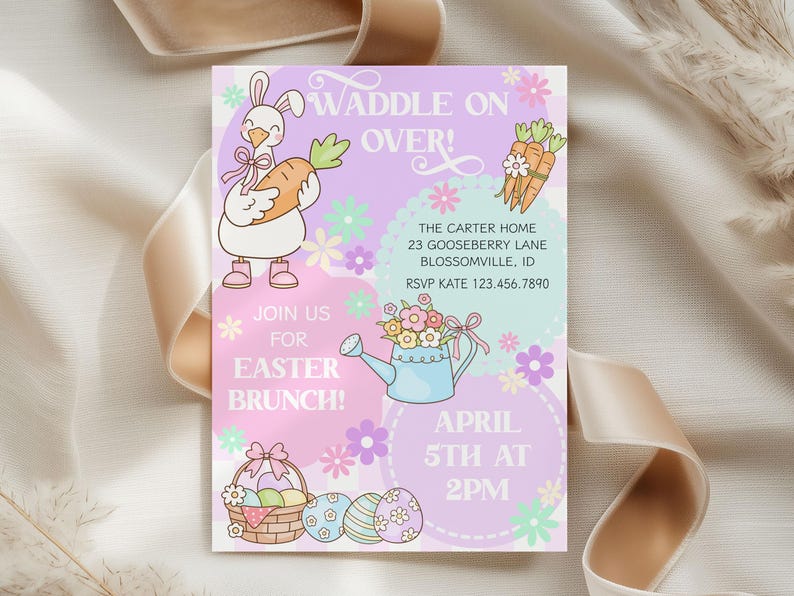 May include: Easter brunch invitation with a cartoon bunny holding a carrot. The invitation features pastel colors, floral accents, and the text "Waddle on Over!" and "Join us for Easter Brunch!" The date is April 5th at 2 PM.