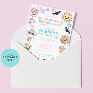 May include: A white envelope with a colorful invitation inside. The invitation reads "Summerween Birthday Bash!" and features cartoon illustrations of a ghost, sun, pizza, and other festive elements. The invitation is for Harper's 10th birthday.