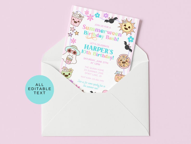 May include: A white envelope with a colorful invitation inside. The invitation reads "Summerween Birthday Bash!" and features cartoon illustrations of a ghost, sun, pizza, and other festive elements. The invitation is for Harper's 10th birthday.