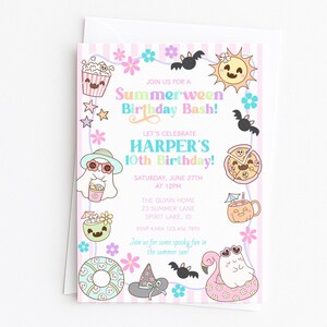May include: A pastel pink and white striped birthday invitation with the text "Summerween Birthday Bash!" and "Harper's 10th Birthday!" surrounded by cartoon illustrations of popcorn, bats, pizza, and a sun. The invitation is on a white background.