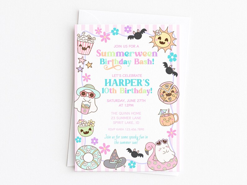 May include: A pastel pink and white striped birthday invitation with the text "Summerween Birthday Bash!" and "Harper's 10th Birthday!" surrounded by cartoon illustrations of popcorn, bats, pizza, and a sun. The invitation is on a white background.