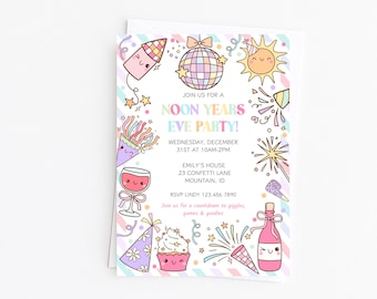 May include: A colorful invitation for a Noon Years Eve Party. The design features cartoon illustrations of a disco ball, sun, fireworks, champagne bottle, cupcake, and confetti. The text includes the date, time, location, and RSVP information.