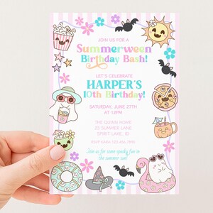 May include: A pastel pink invitation with a Summerween Birthday Bash theme. The invitation features cartoon illustrations of a popcorn bucket, sun, pizza, and a flamingo. Text includes "Summerween Birthday Bash!" and "Harper's 10th Birthday!"