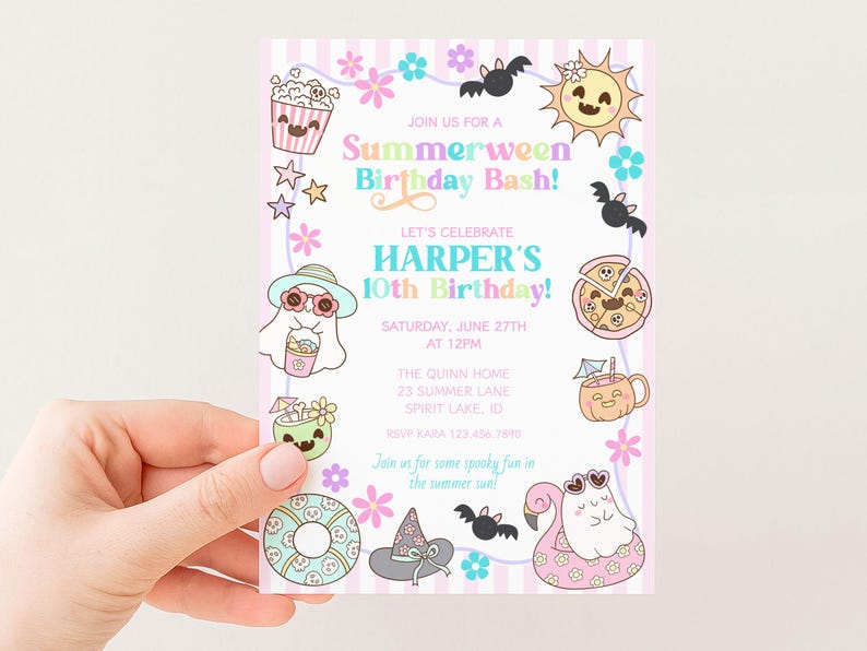 May include: A pastel pink invitation with a Summerween Birthday Bash theme. The invitation features cartoon illustrations of a popcorn bucket, sun, pizza, and a flamingo. Text includes "Summerween Birthday Bash!" and "Harper's 10th Birthday!"