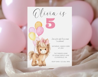 May include: A birthday party invitation featuring a cartoon pony holding balloons. The invitation reads "Olivia is 5" in pink and black text. Additional text includes party details and RSVP information. Pink balloons are in the background.