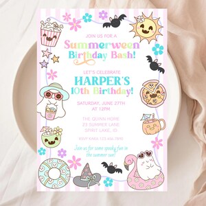 May include: A pastel pink and white invitation for a "Summerween Birthday Bash!" featuring cartoon illustrations of a ghost, sun, pizza, and other summer-themed graphics. The text reads "Let's Celebrate Harper's 10th Birthday!" with event details.