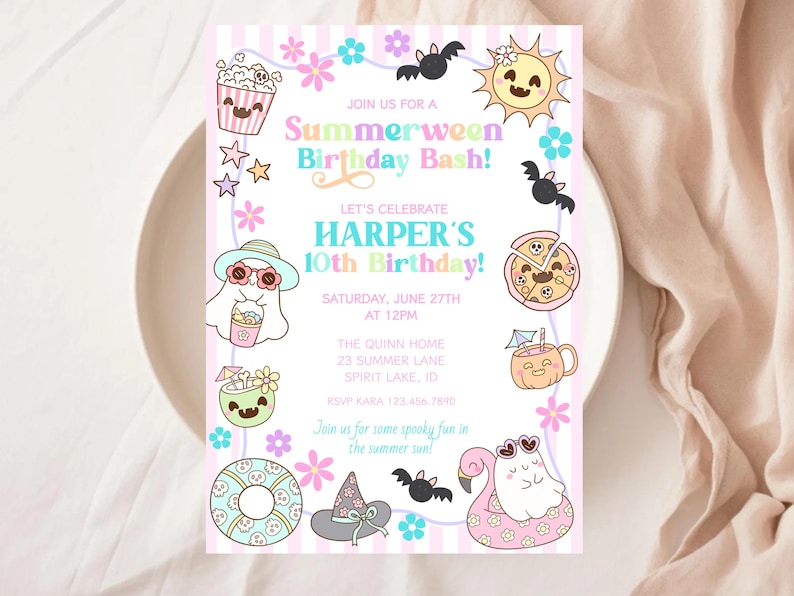May include: A pastel pink and white invitation for a "Summerween Birthday Bash!" featuring cartoon illustrations of a ghost, sun, pizza, and other summer-themed graphics. The text reads "Let's Celebrate Harper's 10th Birthday!" with event details.